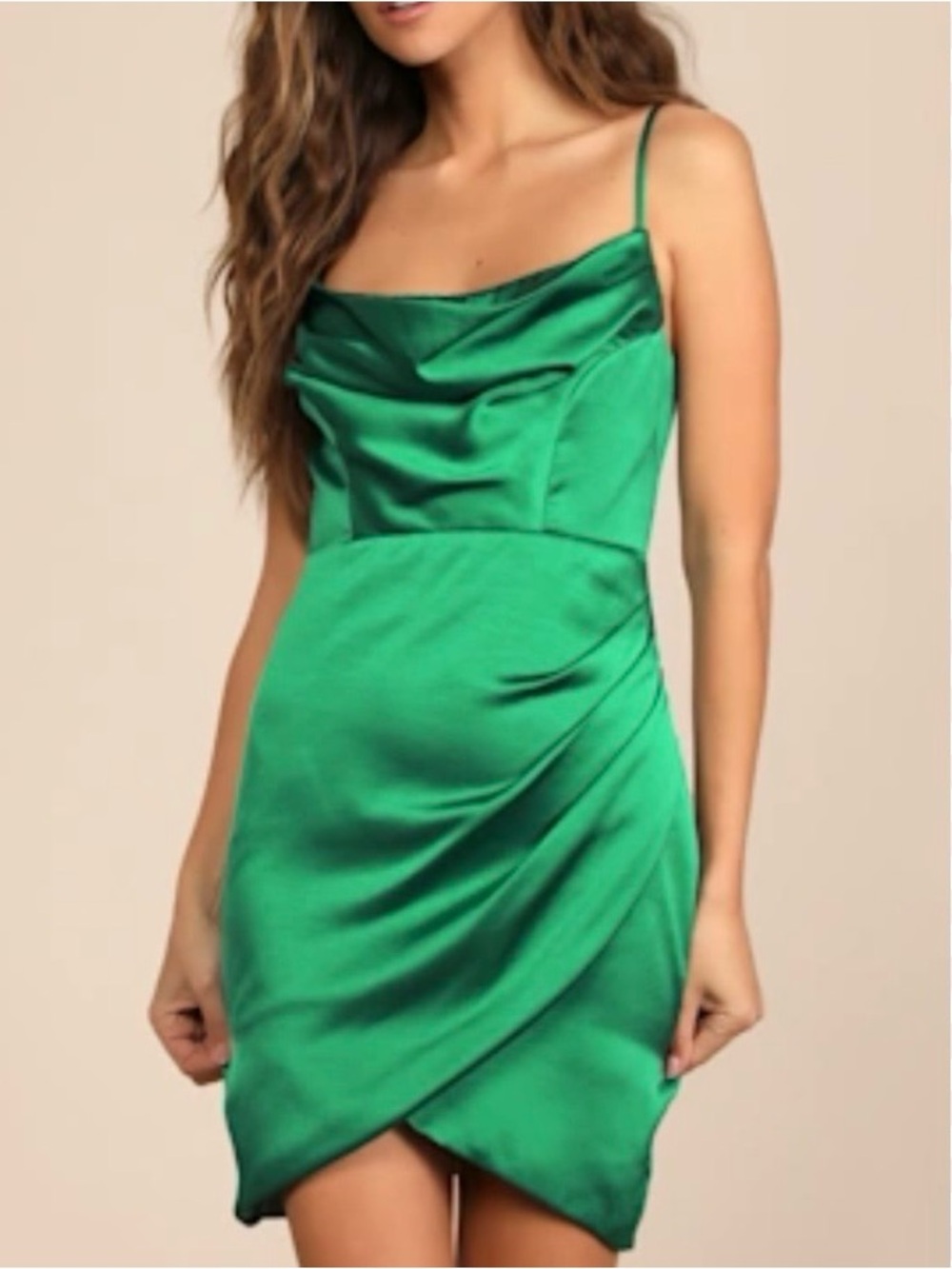 NWT Lulus Treat Me Good Emerald Green Satin Cowl Neck Tulip Mini Dress Size XL